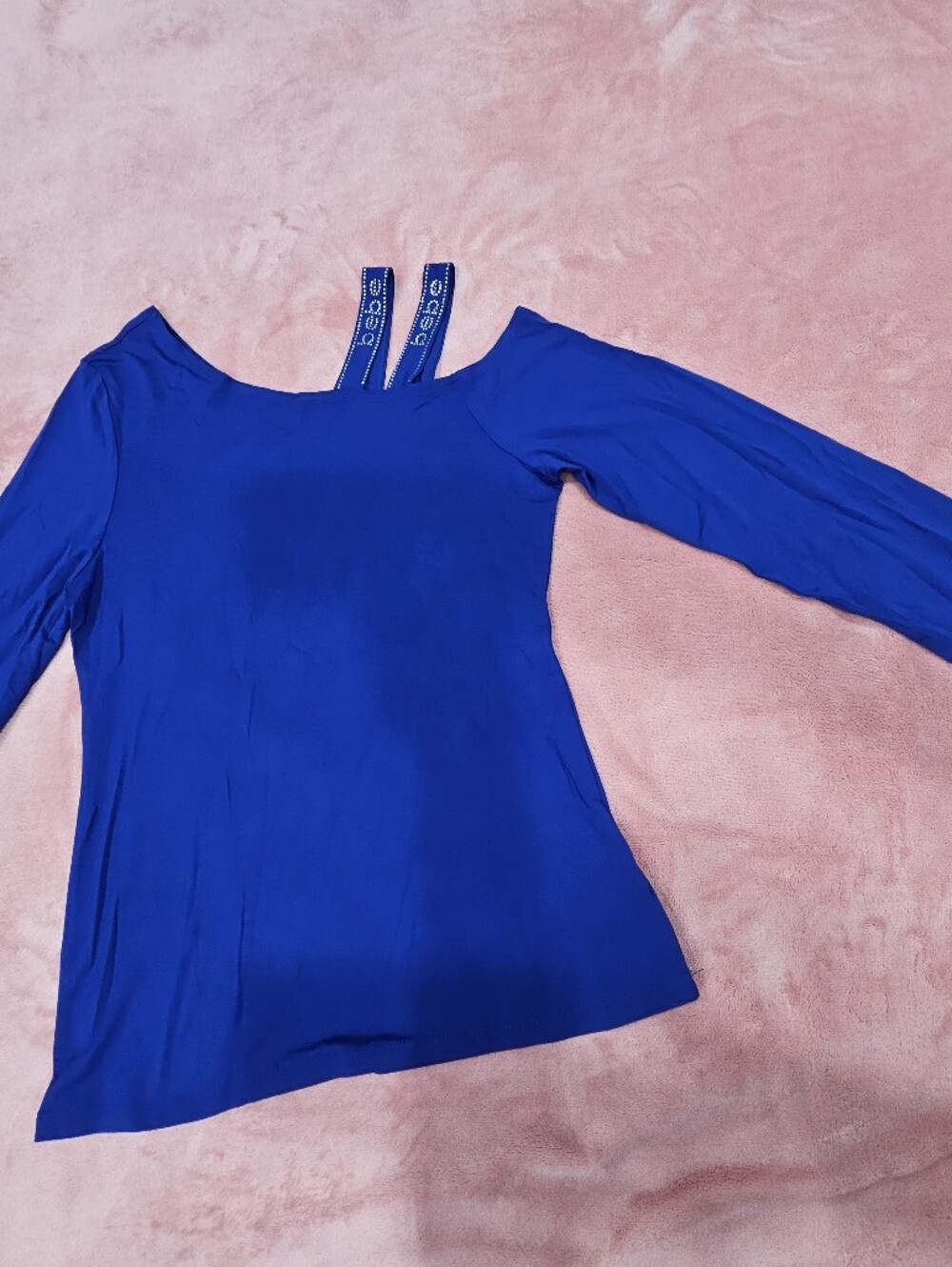 bebe Cobalt Blue Long Sleeve Scoop Neck Top with Branded Straps